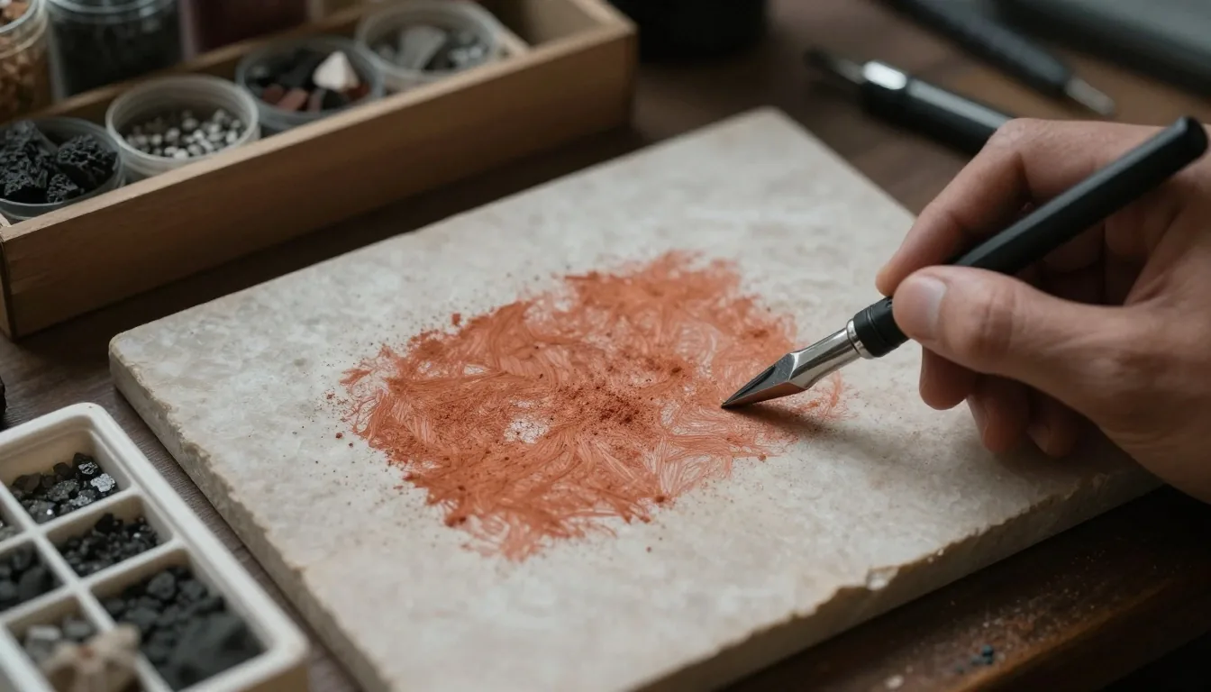 Espacio de trabajo analítico con muestras minerales sobre una mesa de Adobe